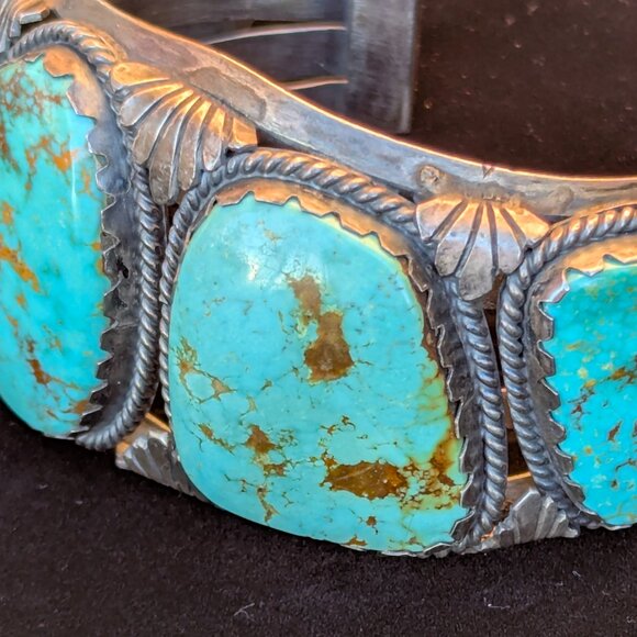 Stunning Vintage Navajo Sterling Silver Four-Stone Turquoise Cuff Bracelet - Picture 10 of 13